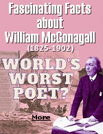William McGonagall is widely regarded as the worst poet in the English language. Nineteenth-century Scottish poet William McGonagall has enjoyed (if that's the word) a posthumous reputation you won't find many poets seeking: a reputation as the worst ever English-language poet. At one point, he had a job giving poetry readings in a circus: he received fifteen shillings a night on condition that the crowd be allowed to pelt him with eggs and stale food, like a minor criminal in the stocks. 